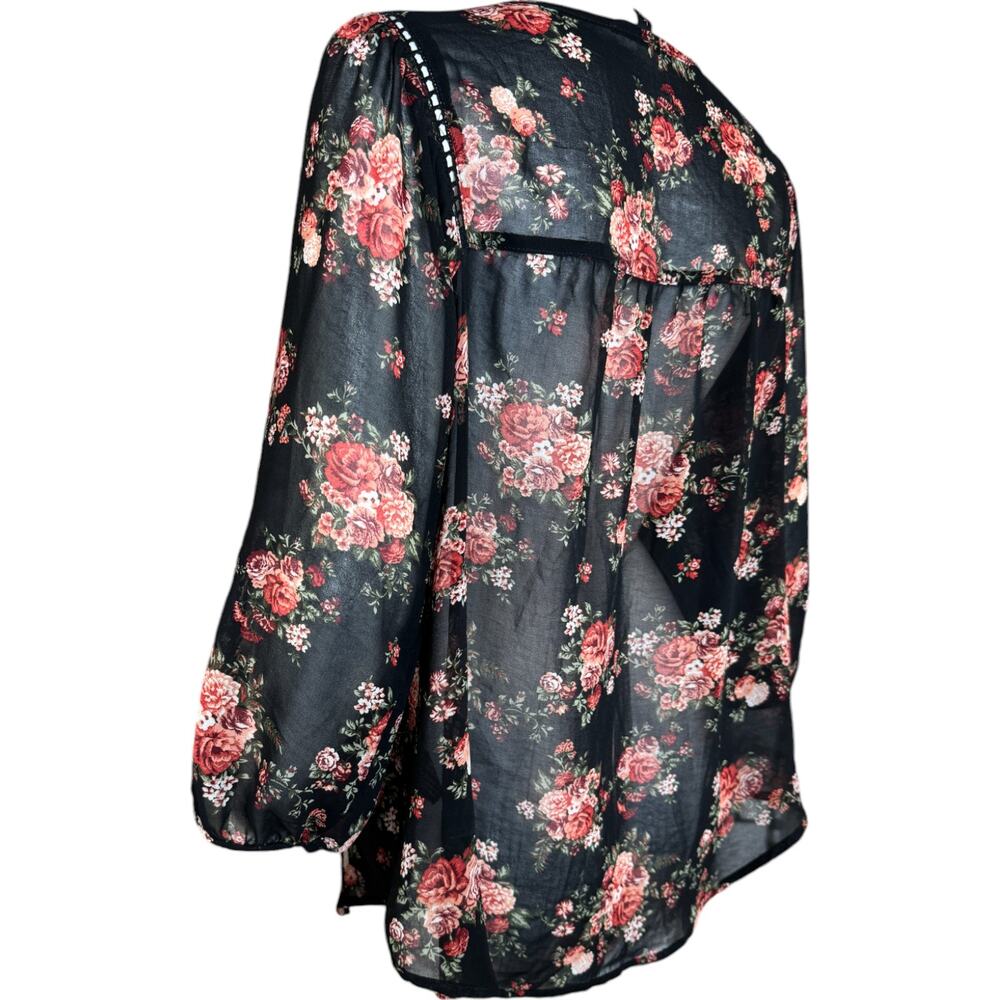 Mine Womens Large Black Floral Sheer 3/4‎ Length Sleeve Blouse - Picture 6 of 15